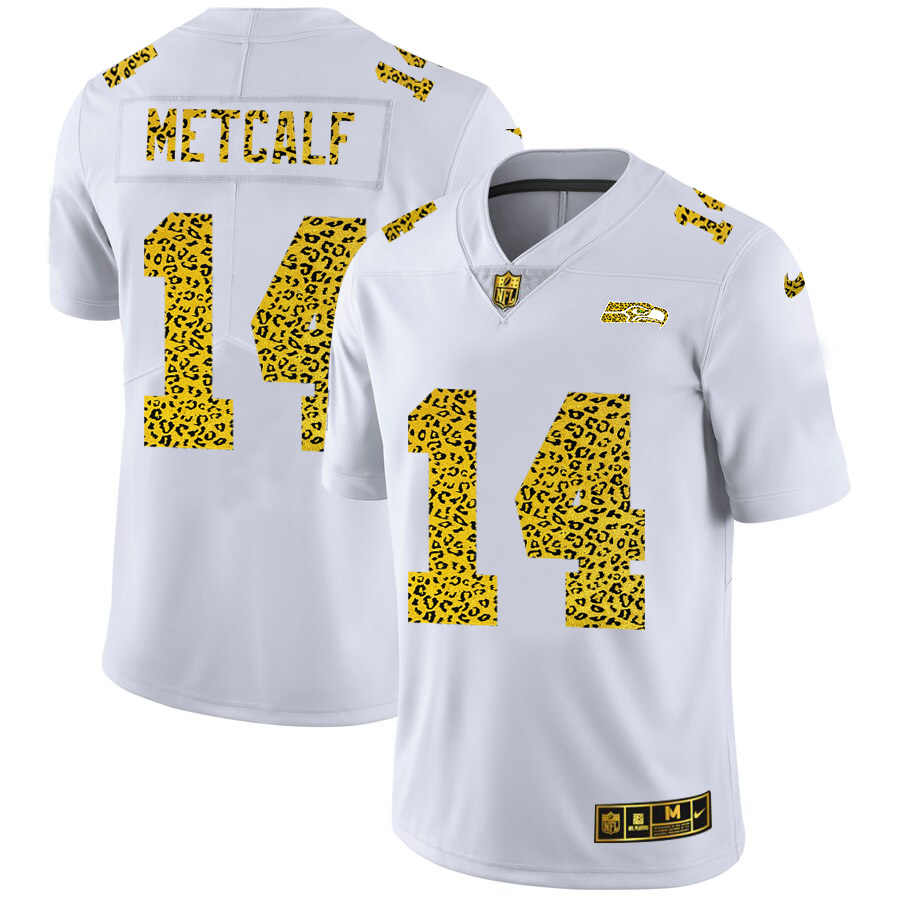 Seattle Seahawks #14 DK Metcalf Men Nike Flocked Leopard Print Vapor Limited NFL Jersey White